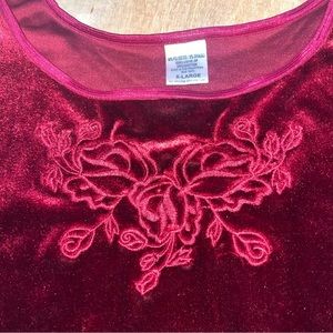 Red Velvet Top w/ Flower Embroidery- Women’s size XL
